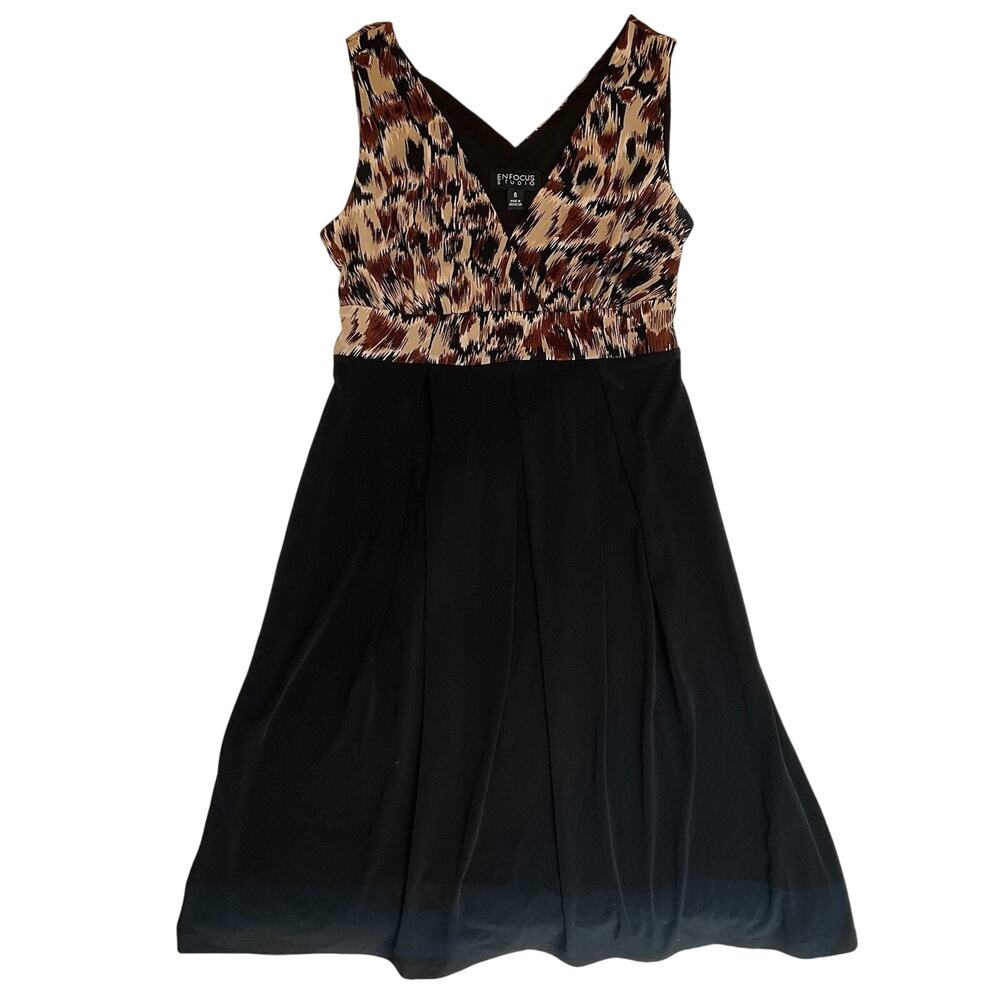 En Focus Studio Women Dress 6 Black Animal Print Fit & Flare Tie Belted